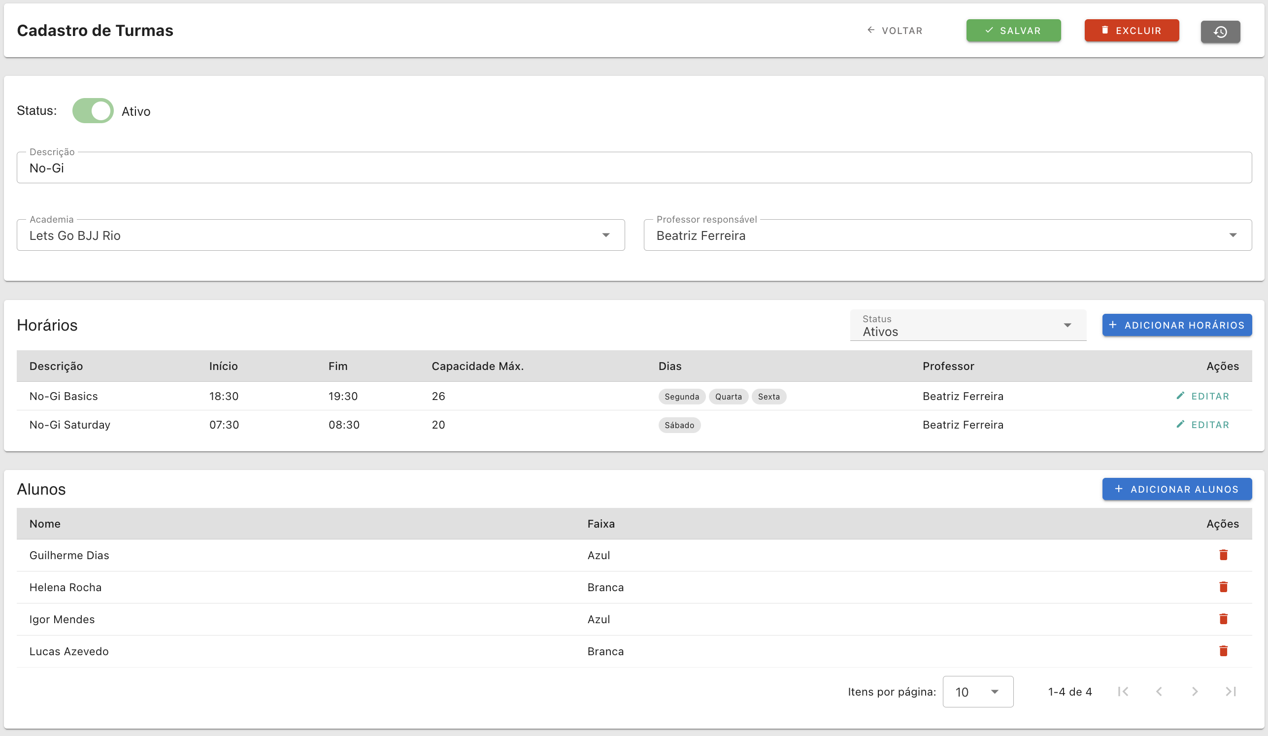 Screenshot do cadastro de turmas