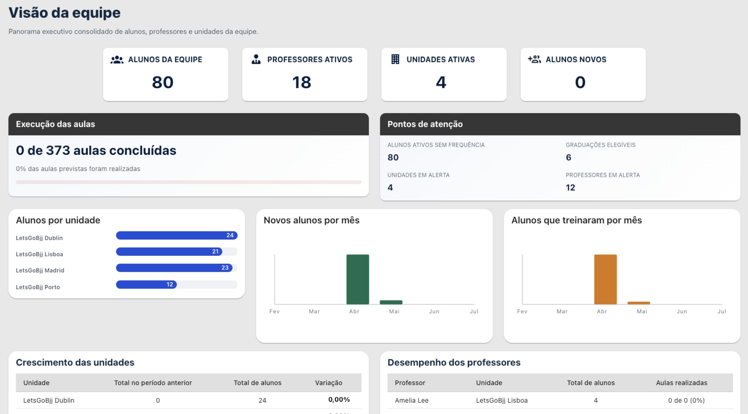 Screenshot da visão consolidada da equipe para Head Coach
