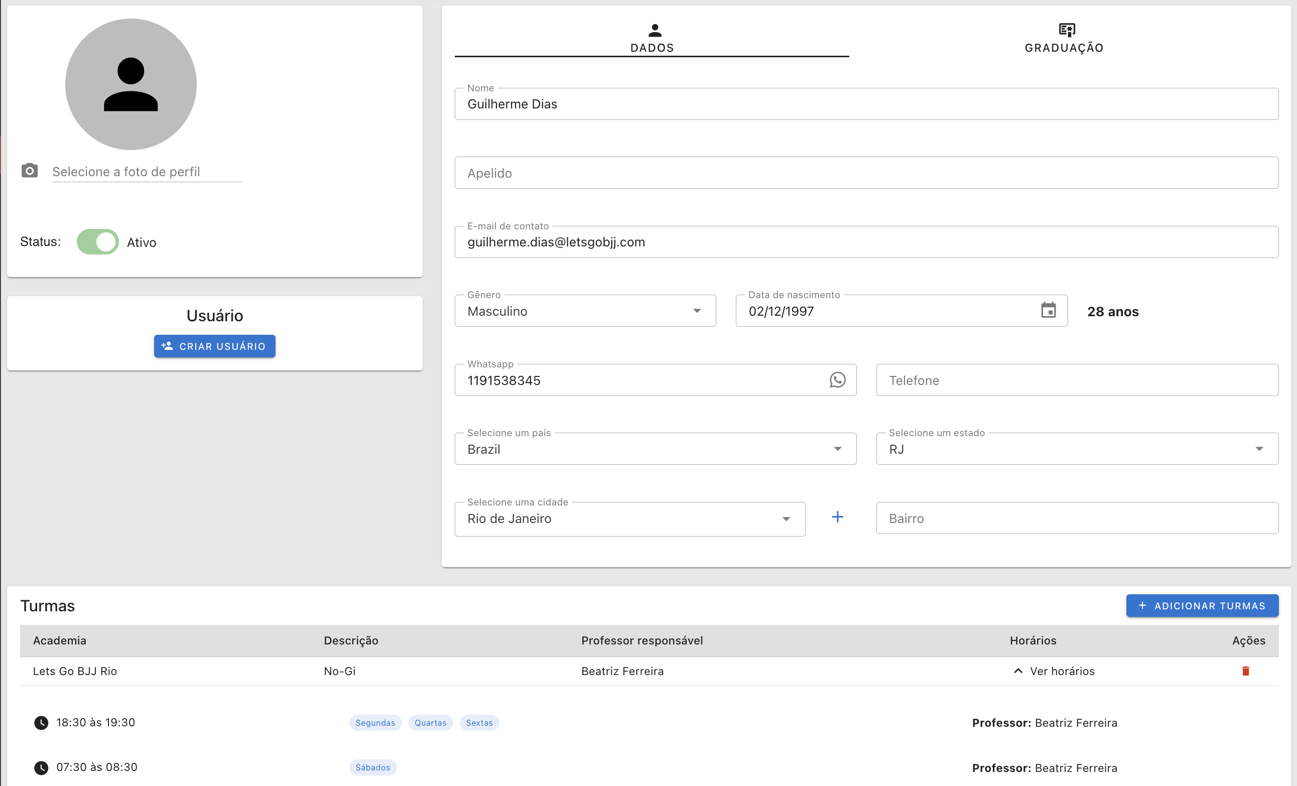Screenshot da gestão de alunos