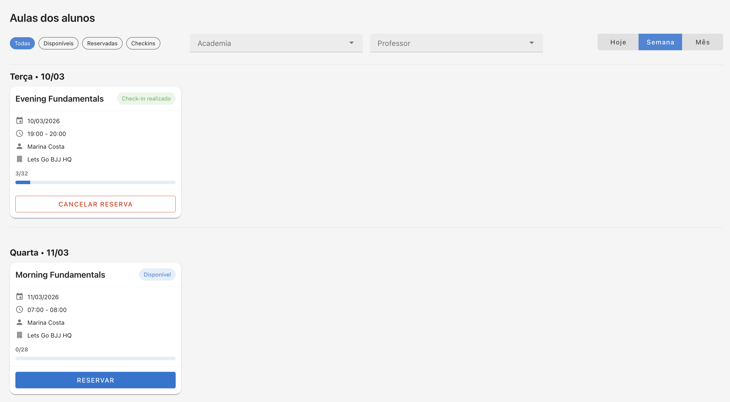 Screenshot da tela de reservas