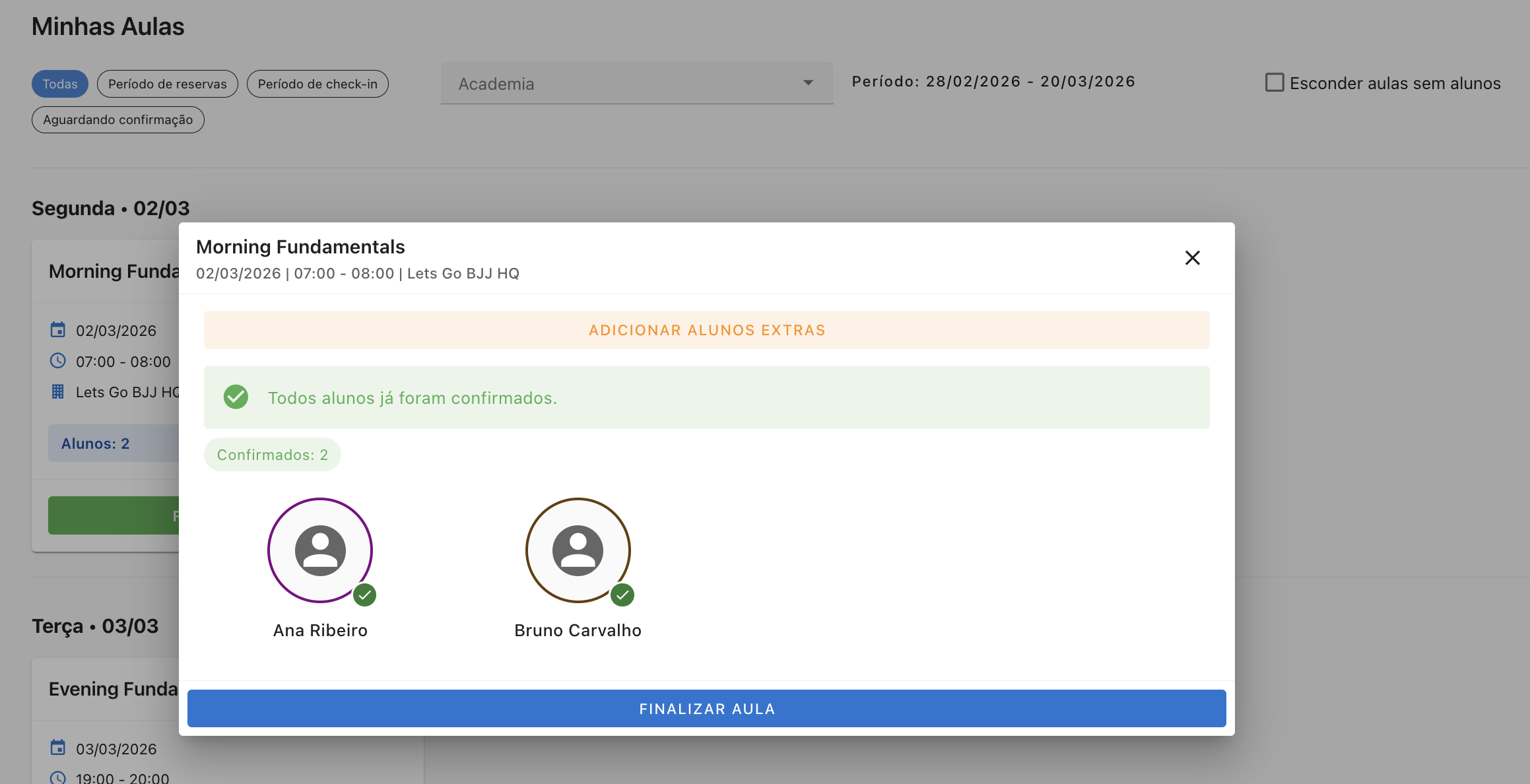 Screenshot do controle de presença